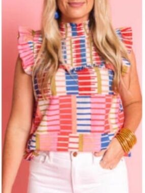 THML medium M pink multi stripe mock neck smocked short sleeve top blouse